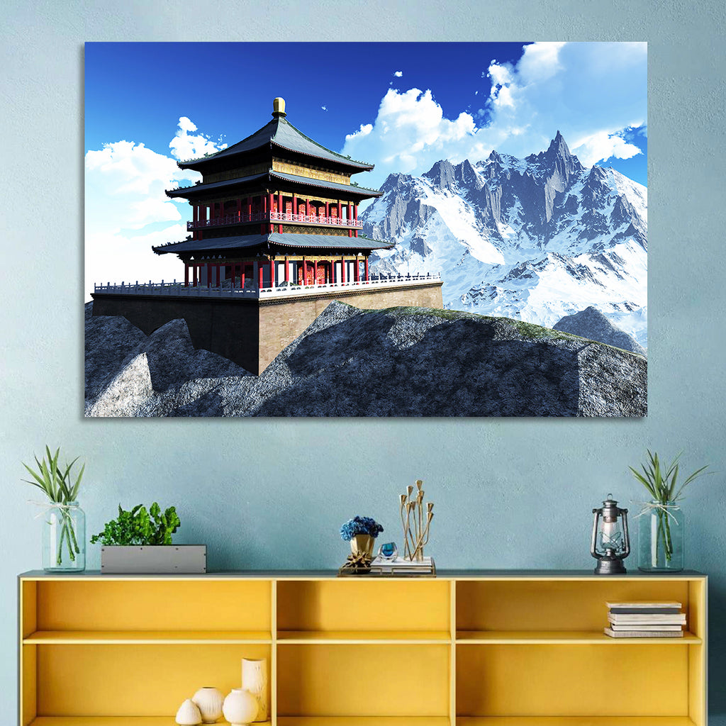 Sunlit Pagoda and Snow Peaks Wall Art