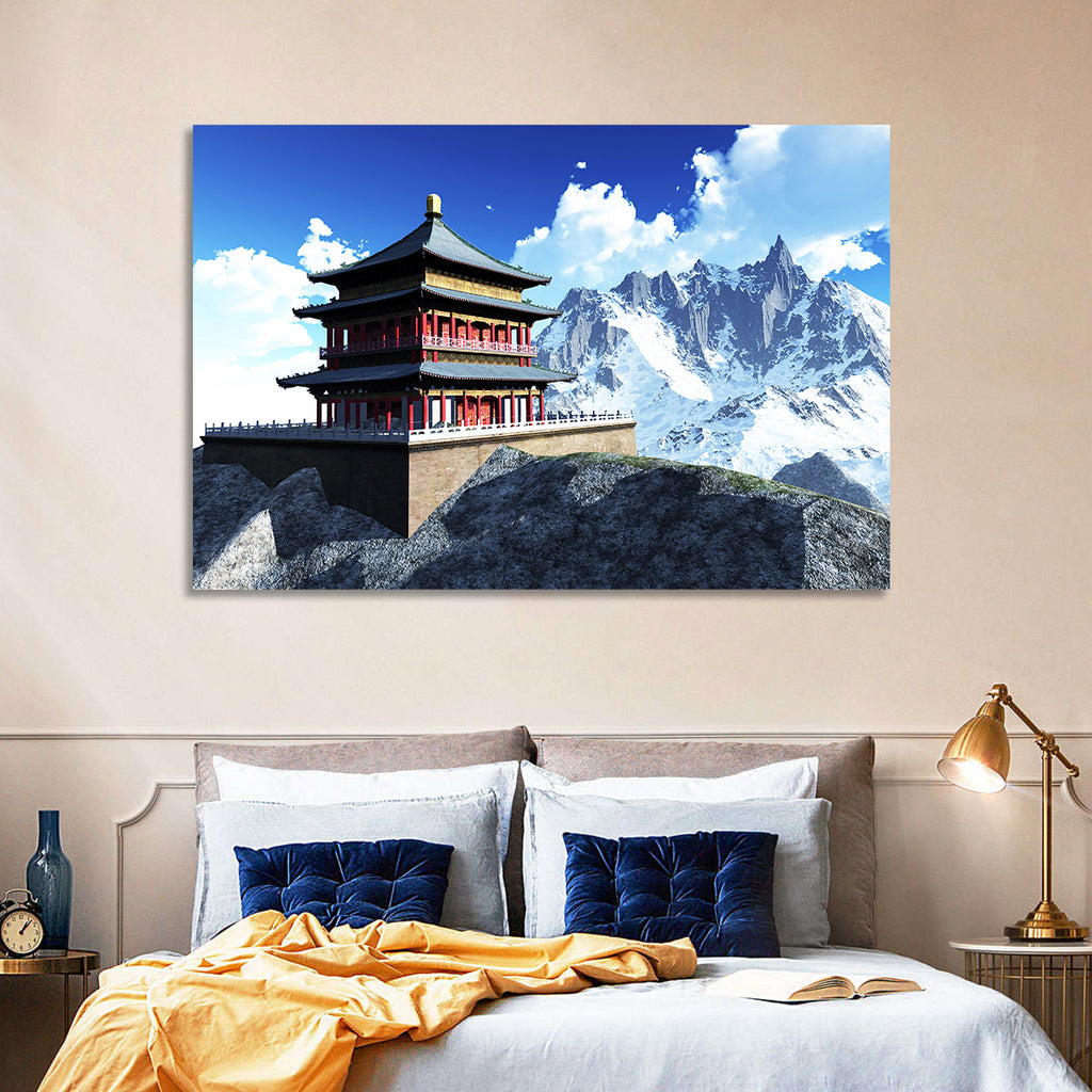 Sunlit Pagoda and Snow Peaks Wall Art