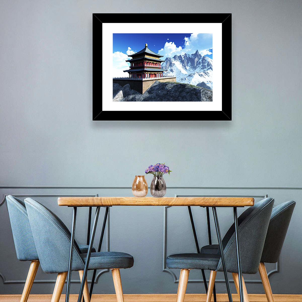 Sunlit Pagoda and Snow Peaks Wall Art in a room, landscape