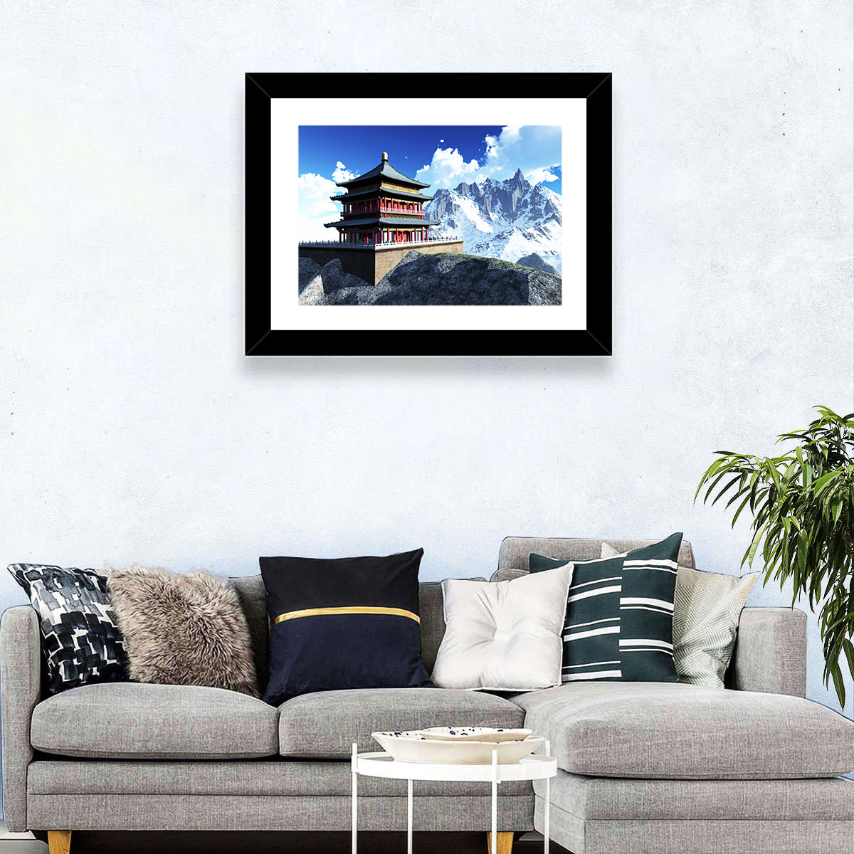Sunlit Pagoda and Snow Peaks Wall Art