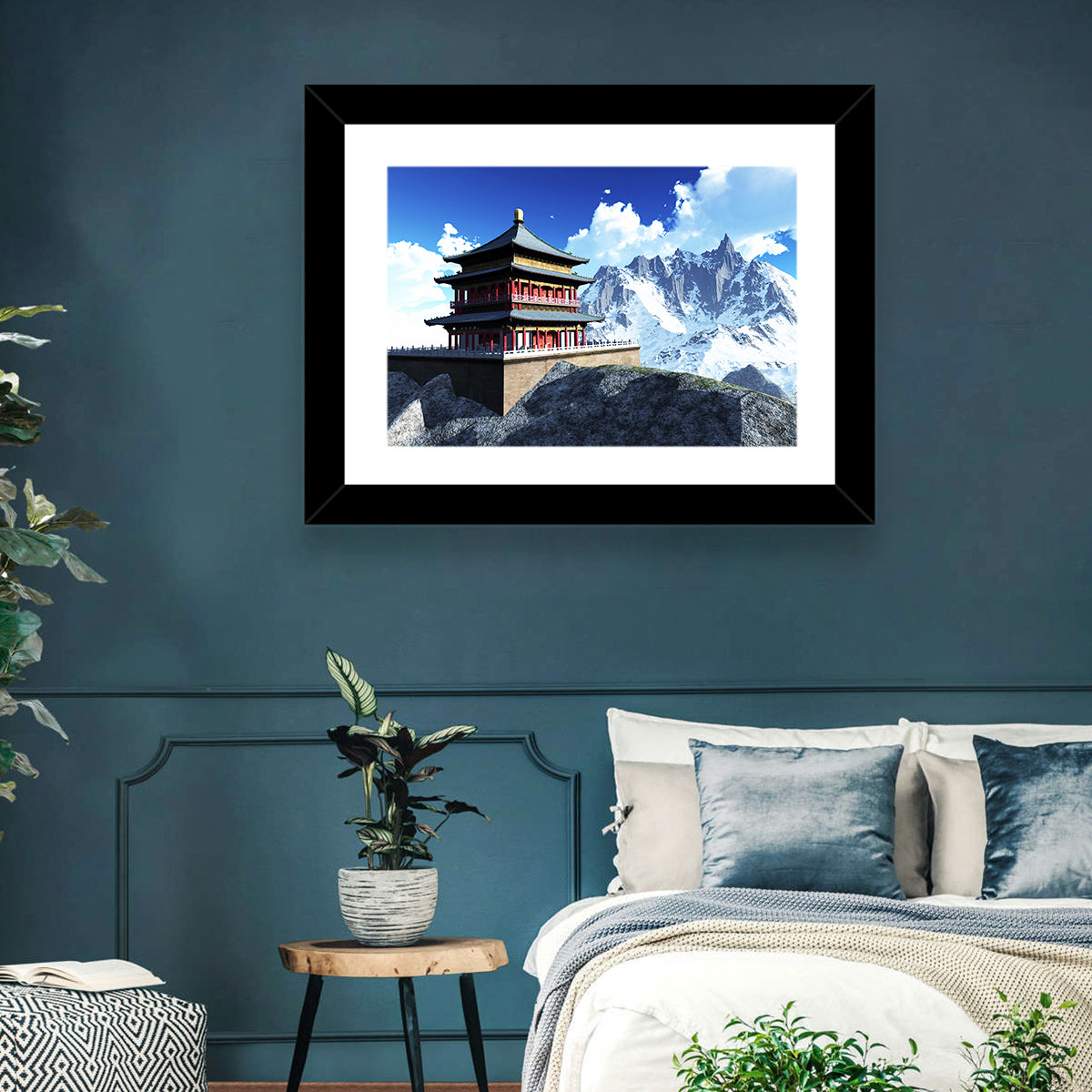Sunlit Pagoda and Snow Peaks Wall Art in a room, landscape