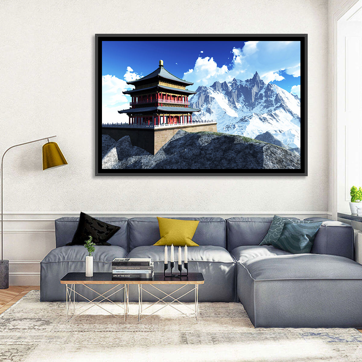 Sunlit Pagoda and Snow Peaks Wall Art in a room, landscape