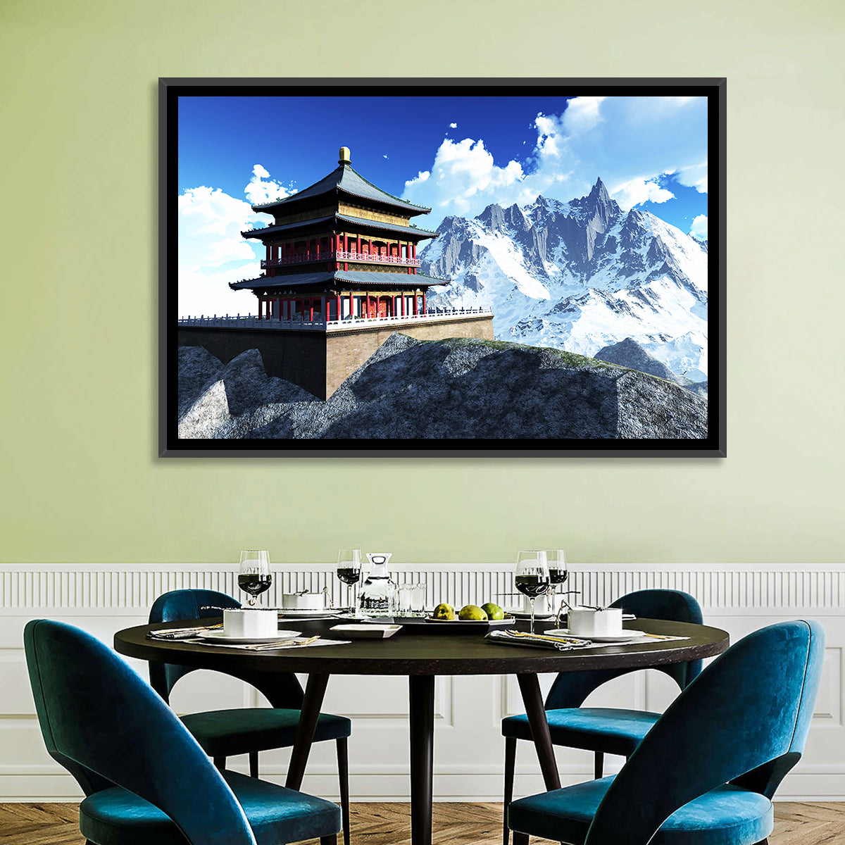 Sunlit Pagoda and Snow Peaks Wall Art in a room, landscape