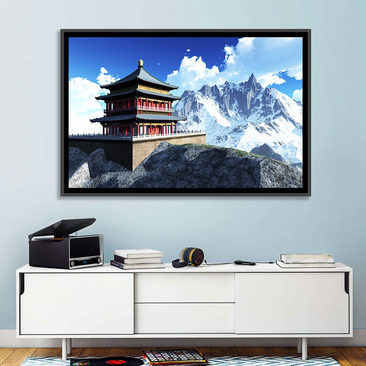 Sunlit Pagoda and Snow Peaks Wall Art in a room, landscape