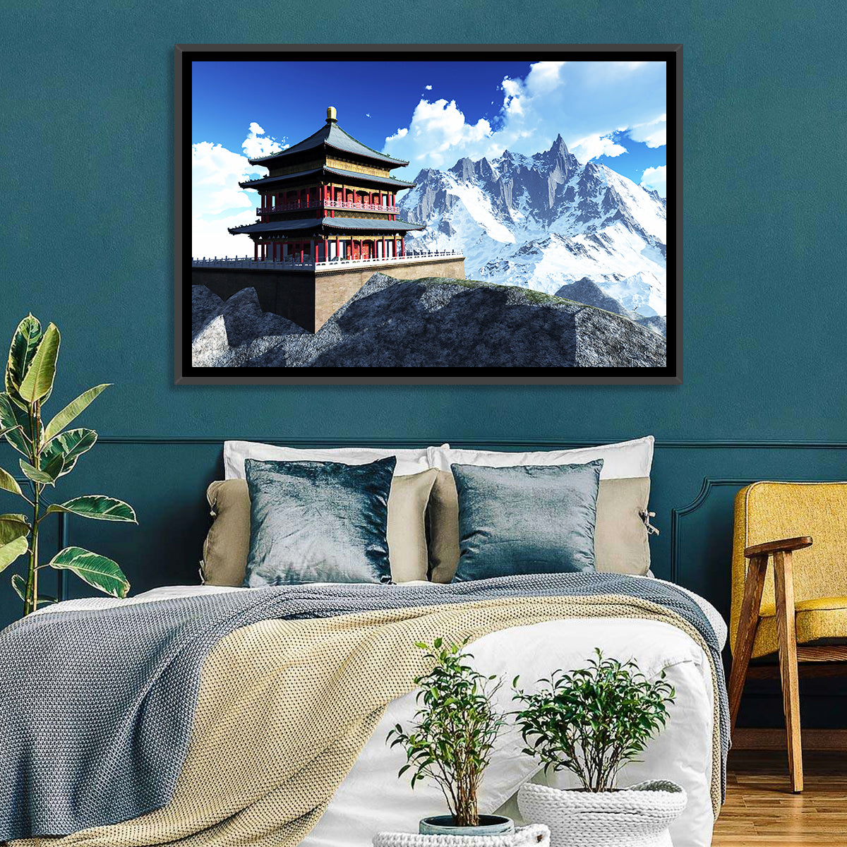 Sunlit Pagoda and Snow Peaks Wall Art in a room, landscape