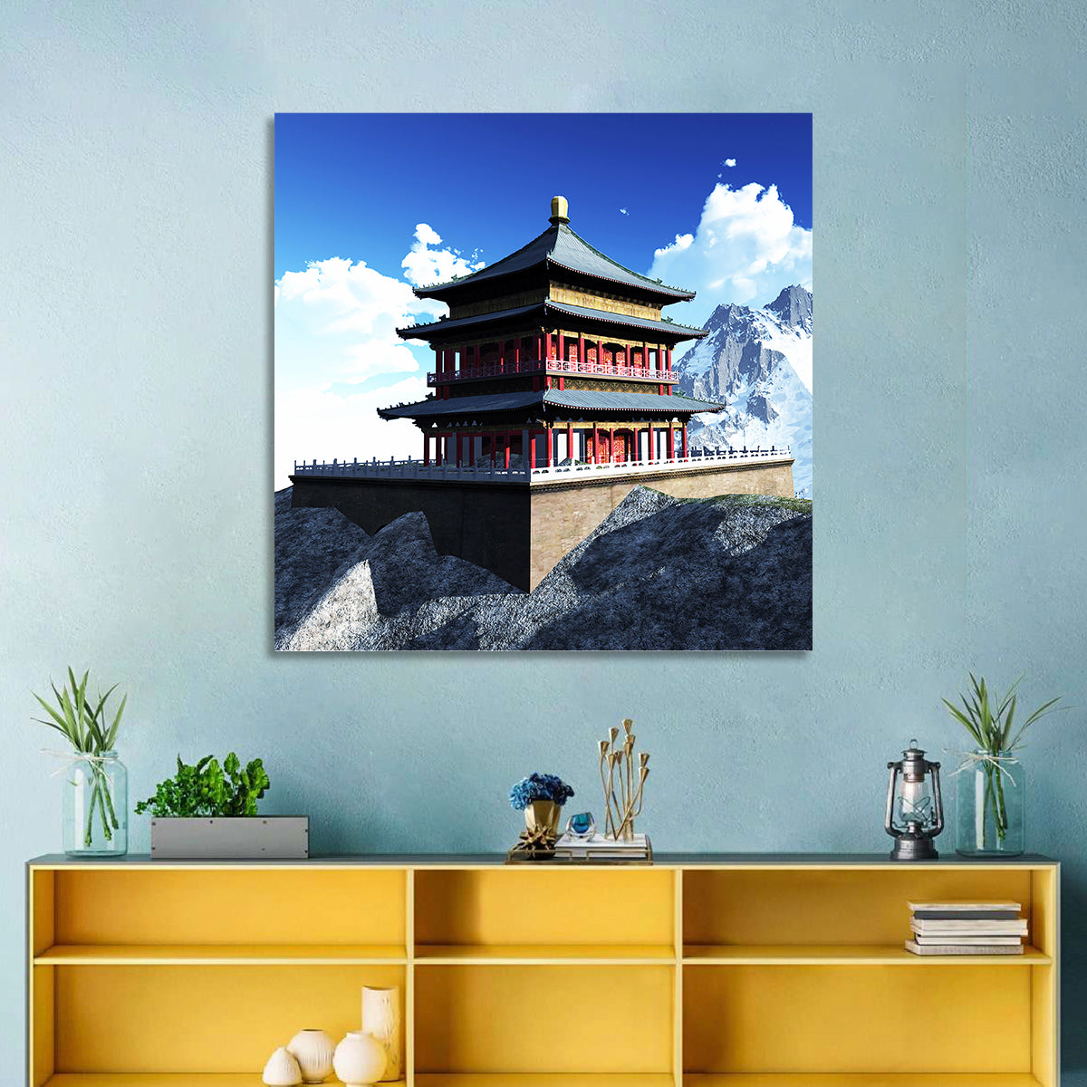 Sunlit Pagoda and Snow Peaks Wall Art in a room, landscape