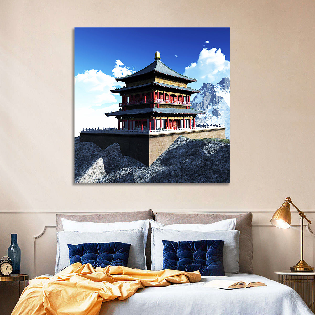 Sunlit Pagoda and Snow Peaks Wall Art in a room, landscape