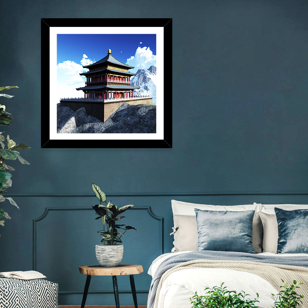 Sunlit Pagoda and Snow Peaks Wall Art in a room, landscape