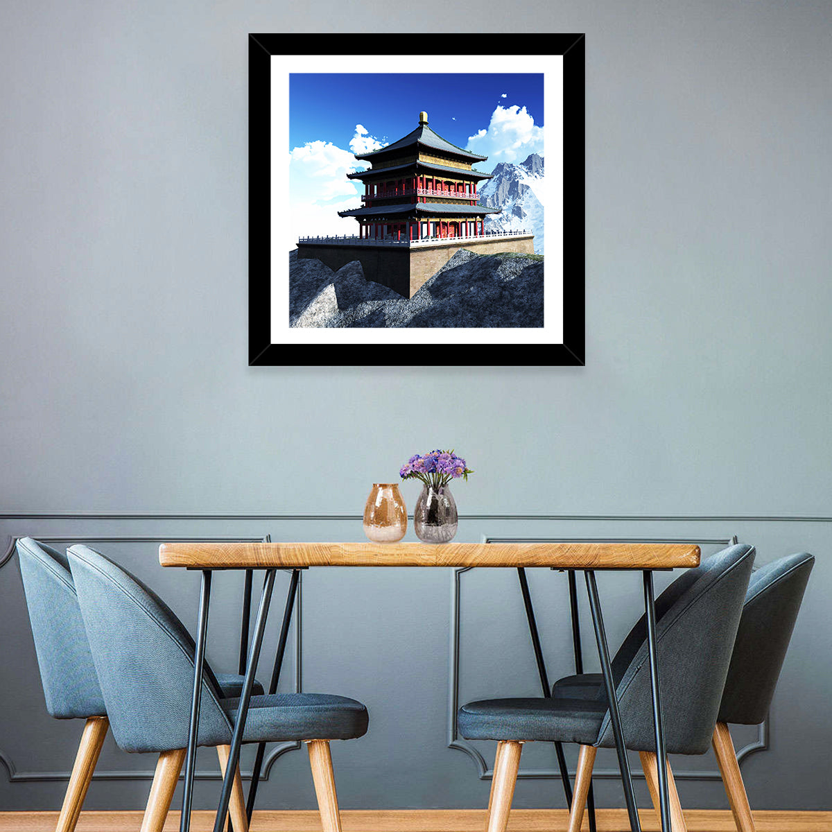 Sunlit Pagoda and Snow Peaks Wall Art in a room, landscape
