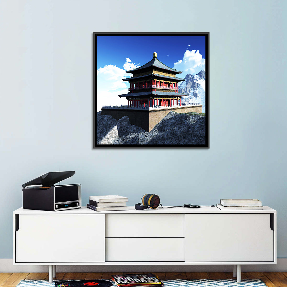 Sunlit Pagoda and Snow Peaks Wall Art in a room, landscape