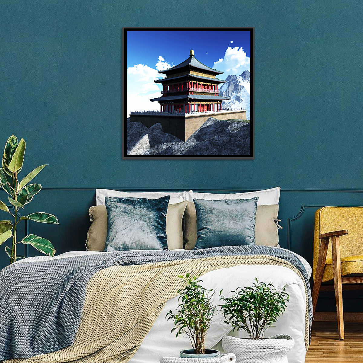 Sunlit Pagoda and Snow Peaks Wall Art