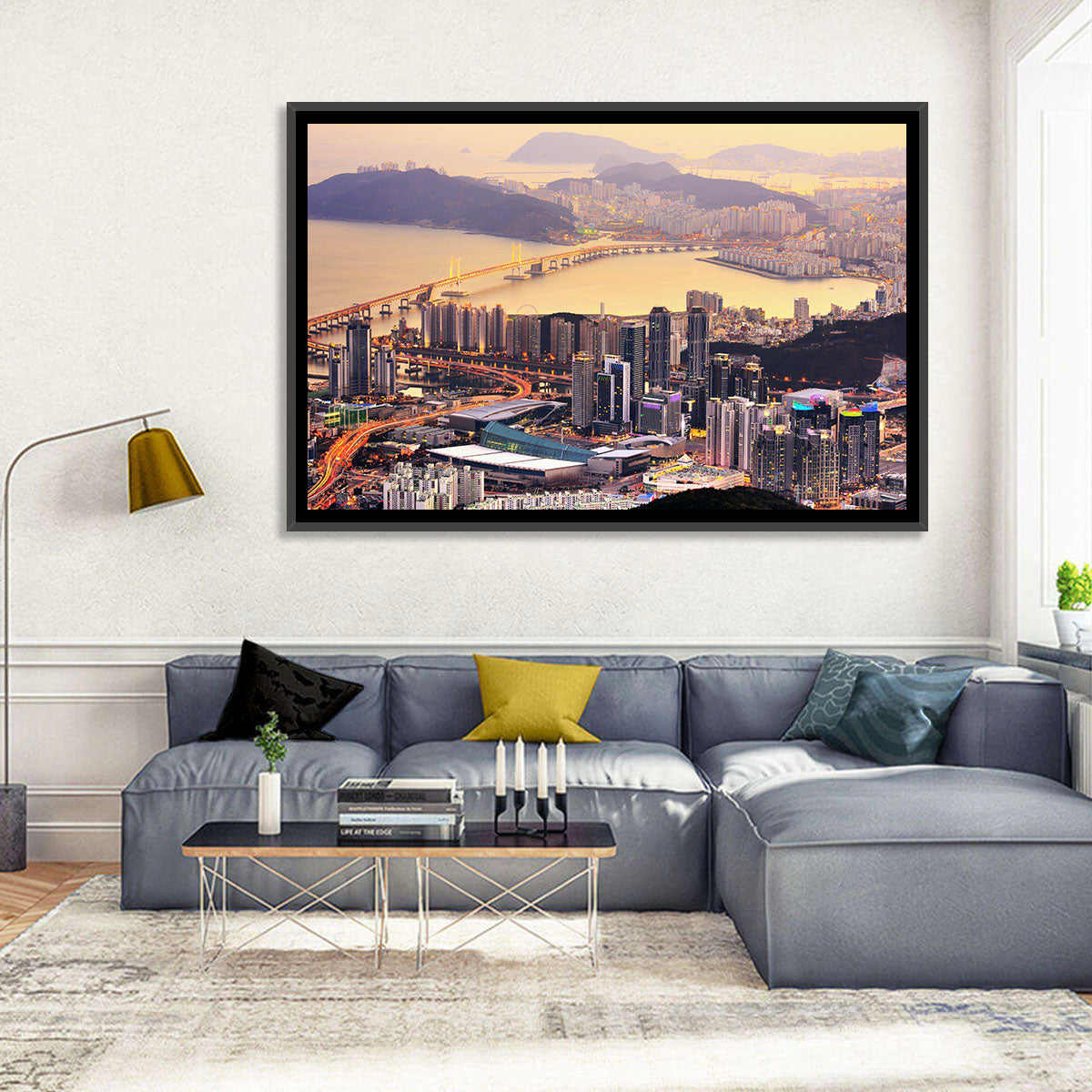 Busan Dusk Aerial Skyline with Gwangan Bridge Wall Art in a room, landscape