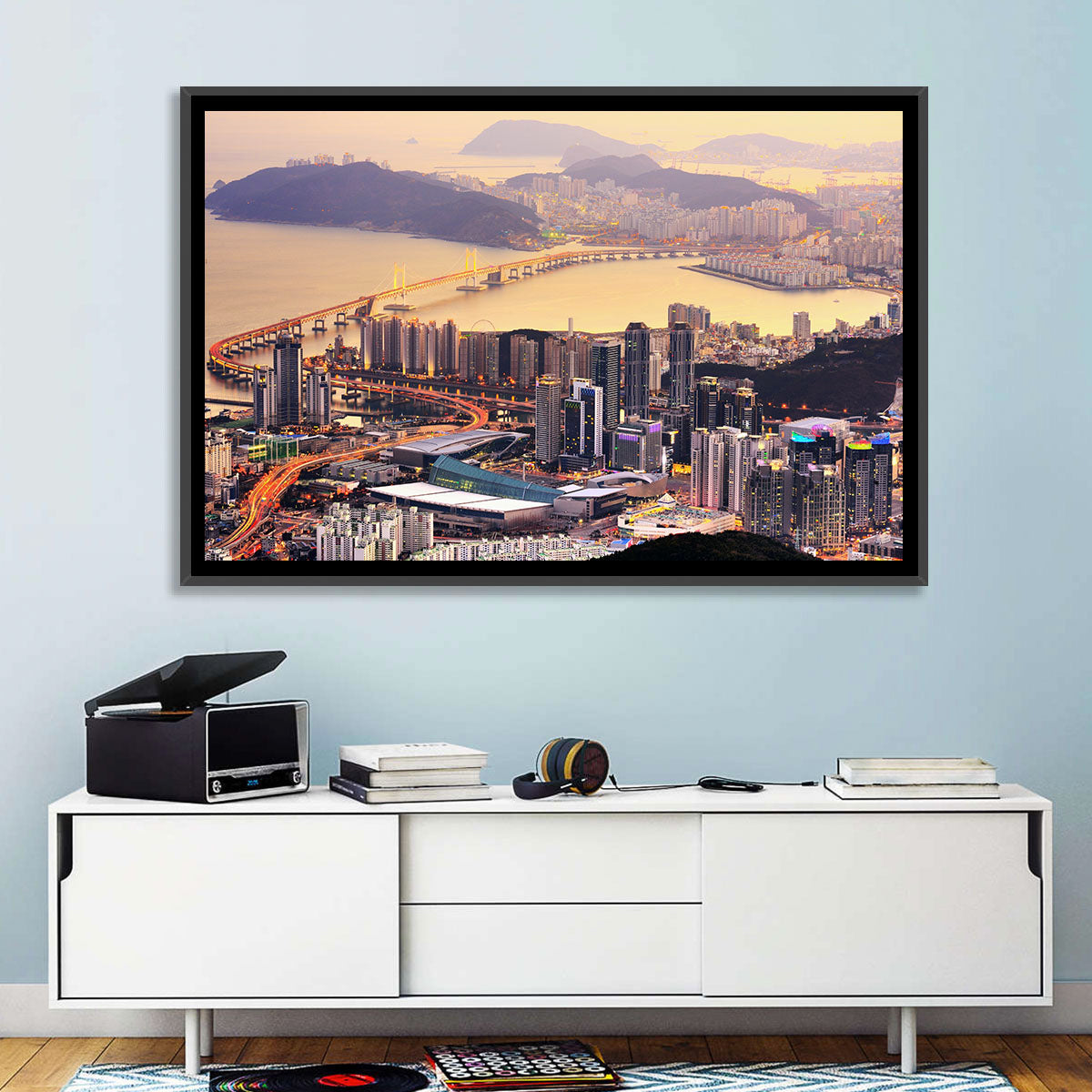 Busan Dusk Aerial Skyline with Gwangan Bridge Wall Art in a room, landscape