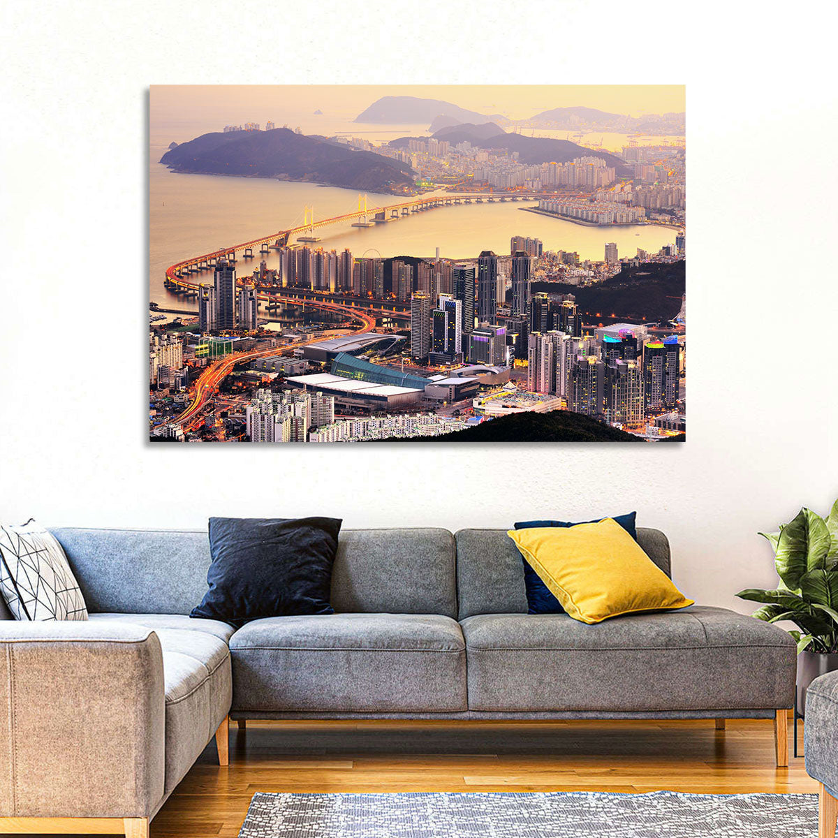 Busan Dusk Aerial Skyline with Gwangan Bridge Wall Art in a room, landscape