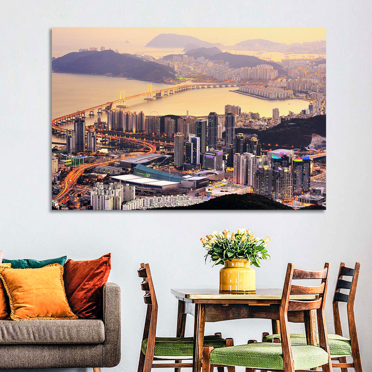 Busan Dusk Aerial Skyline with Gwangan Bridge Wall Art in a room, landscape