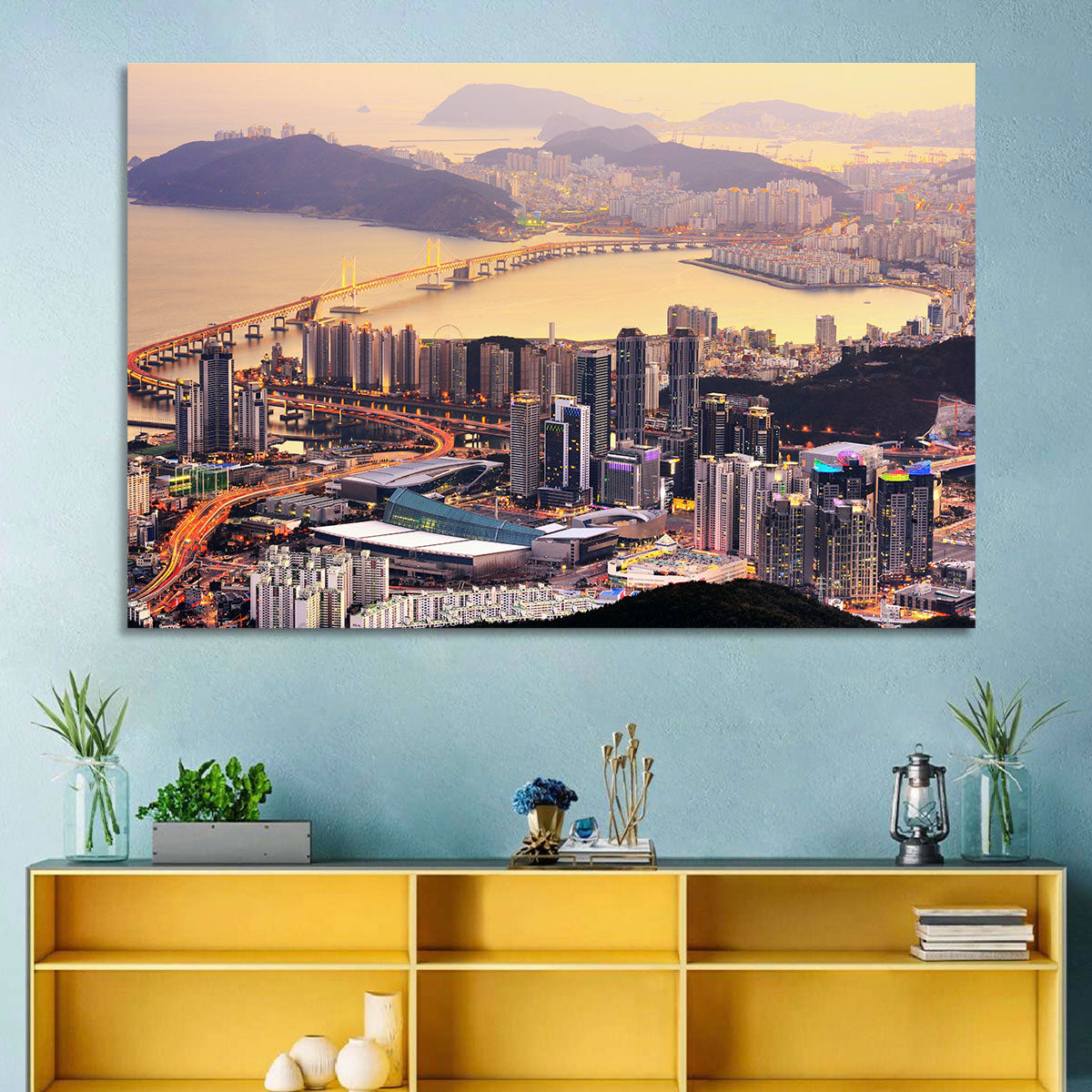 Busan Dusk Aerial Skyline with Gwangan Bridge Wall Art in a room, landscape