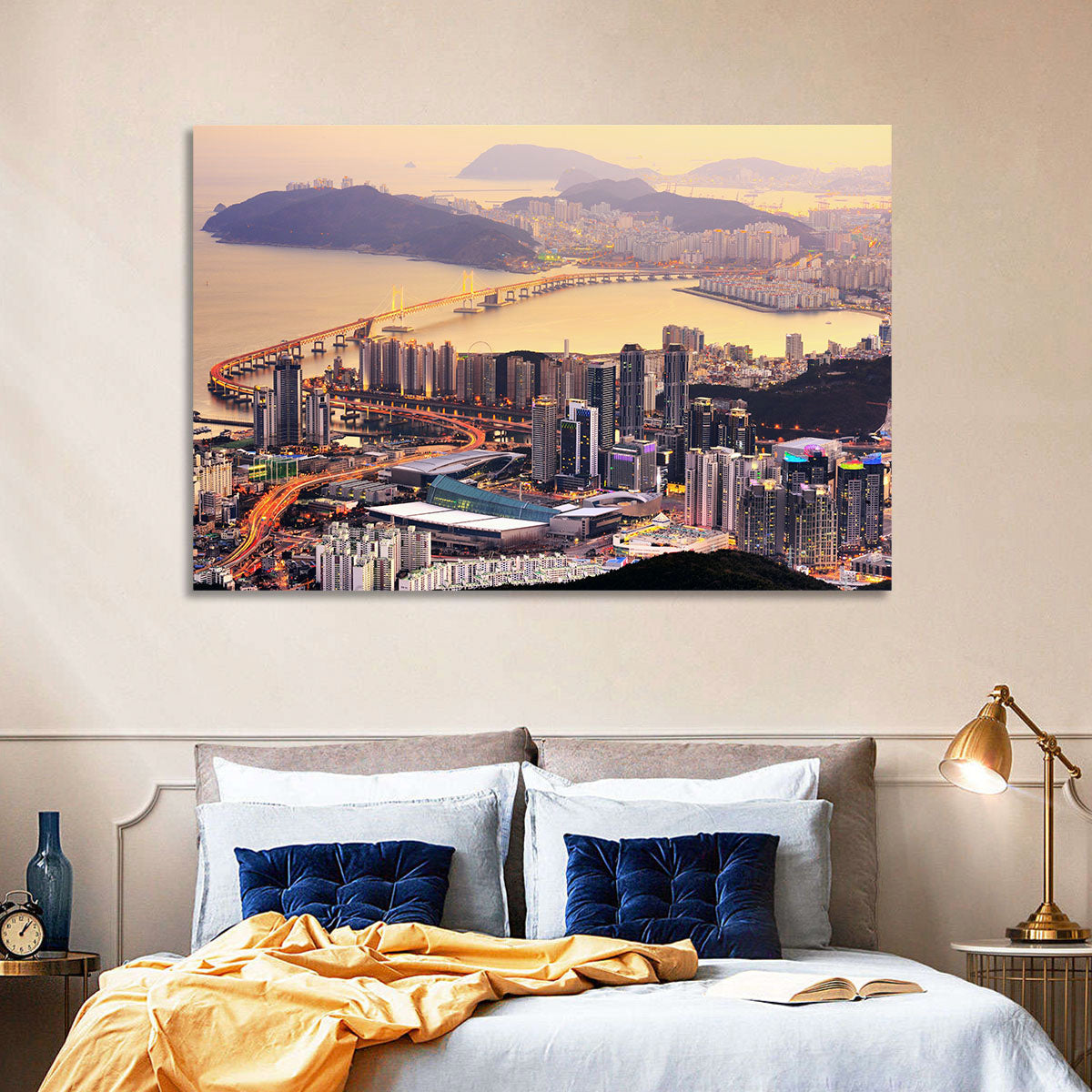 Busan Dusk Aerial Skyline with Gwangan Bridge Wall Art in a room, landscape