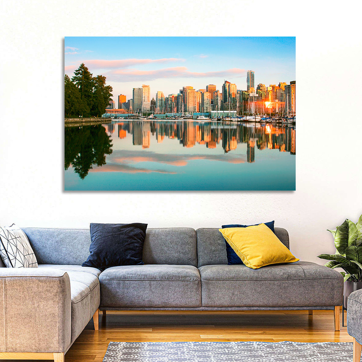 Vancouver Skyline at Coal Harbour Wall Art in a room, landscape