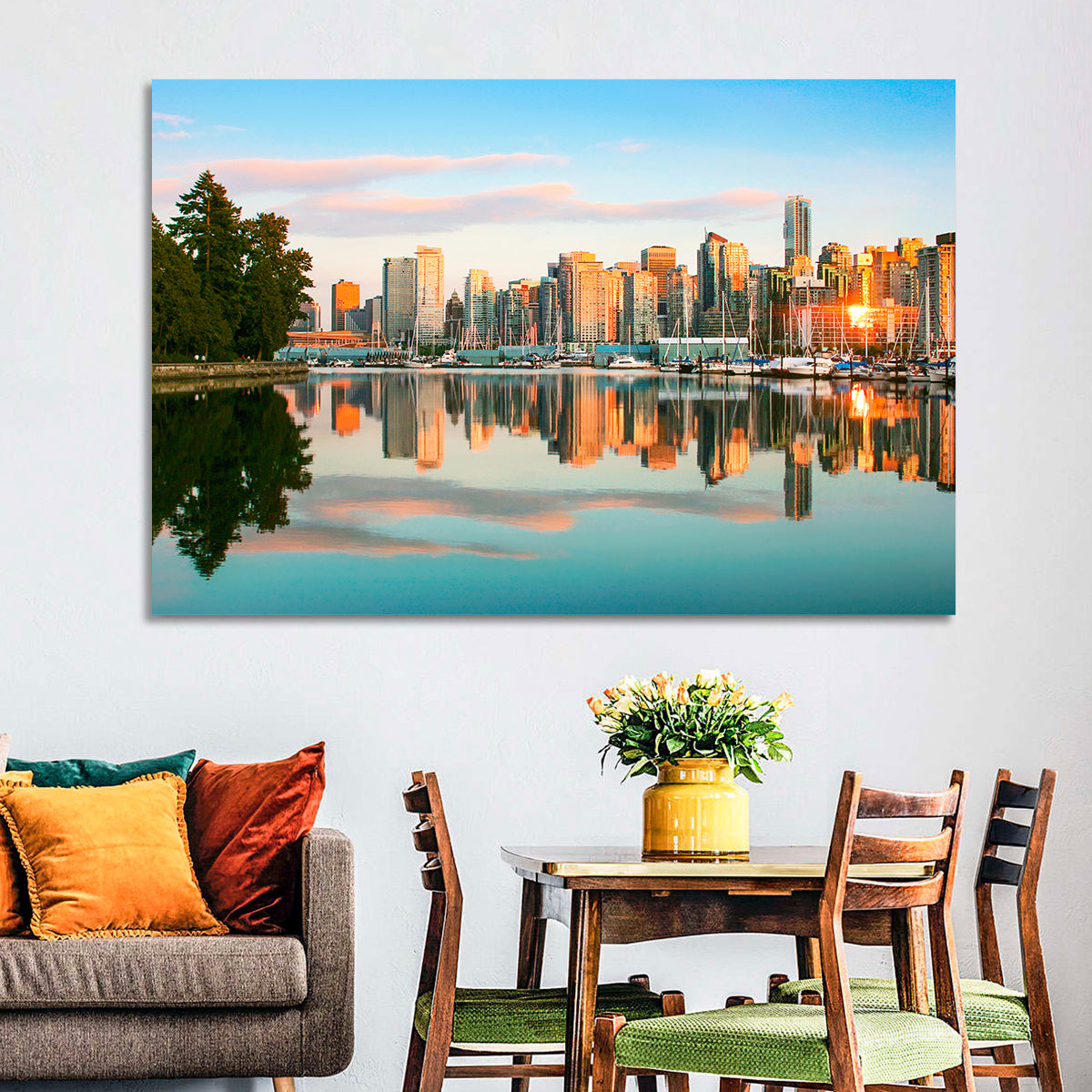 Vancouver Skyline at Coal Harbour Wall Art in a room, landscape