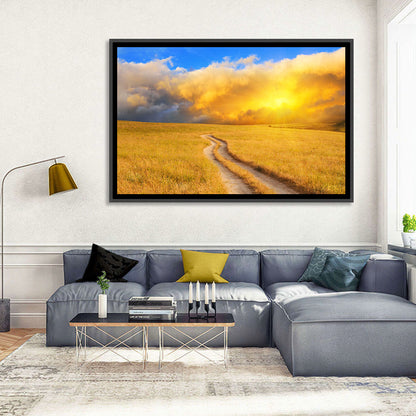 Sunlit Meadow Path with Dramatic Clouds Wall Art