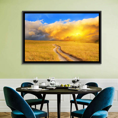 Sunlit Meadow Path with Dramatic Clouds Wall Art