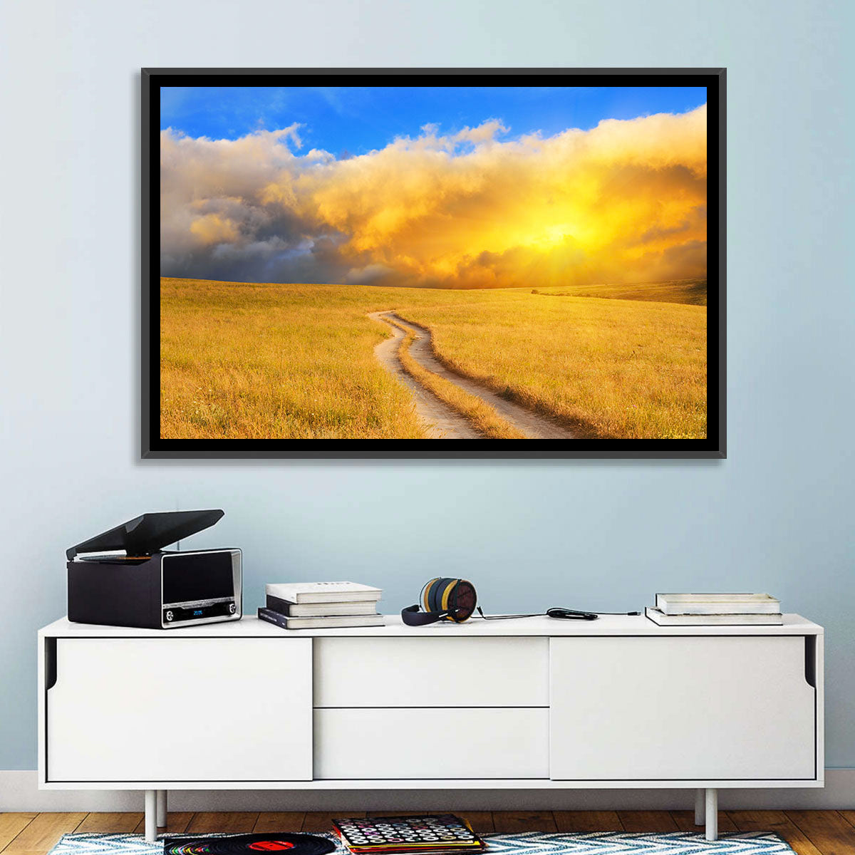 Sunlit Meadow Path with Dramatic Clouds Wall Art