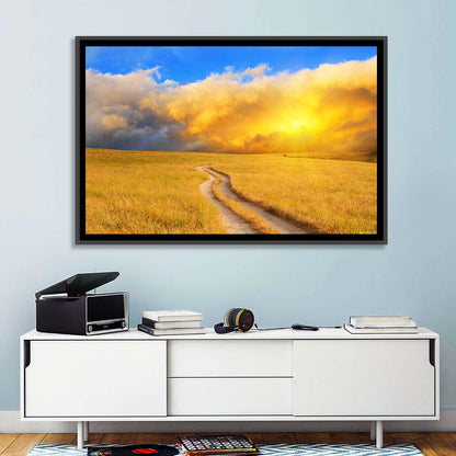 Sunlit Meadow Path with Dramatic Clouds Wall Art