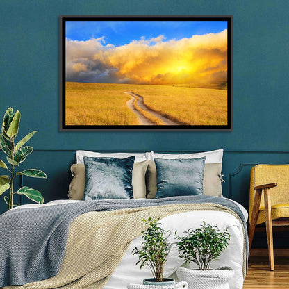 Sunlit Meadow Path with Dramatic Clouds Wall Art