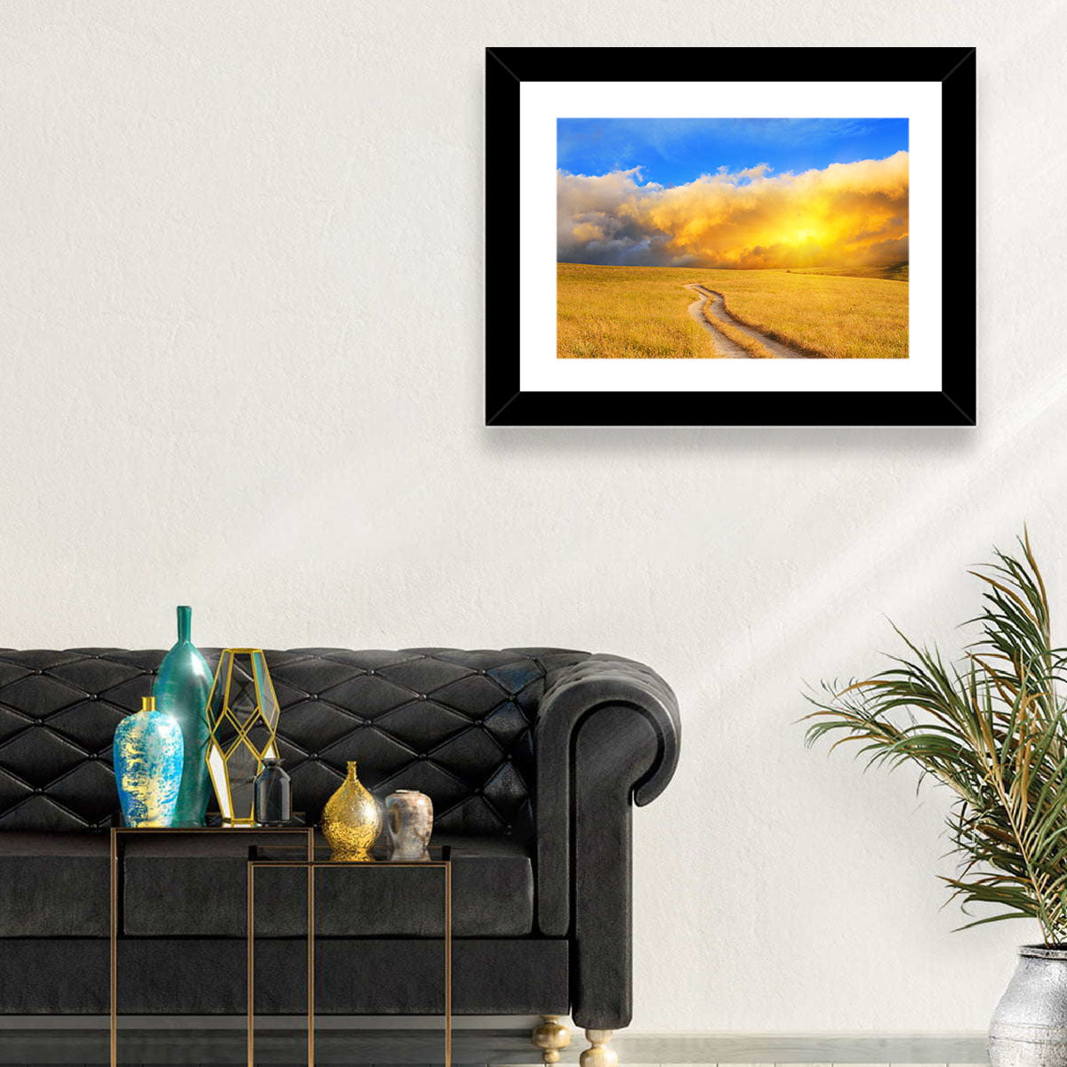 Sunlit Meadow Path with Dramatic Clouds Wall Art