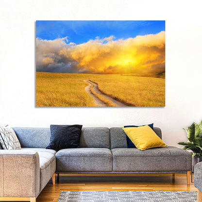 Sunlit Meadow Path with Dramatic Clouds Wall Art