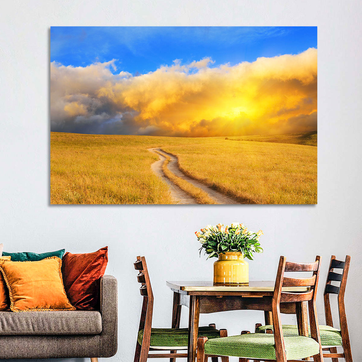 Sunlit Meadow Path with Dramatic Clouds Wall Art in a room, landscape