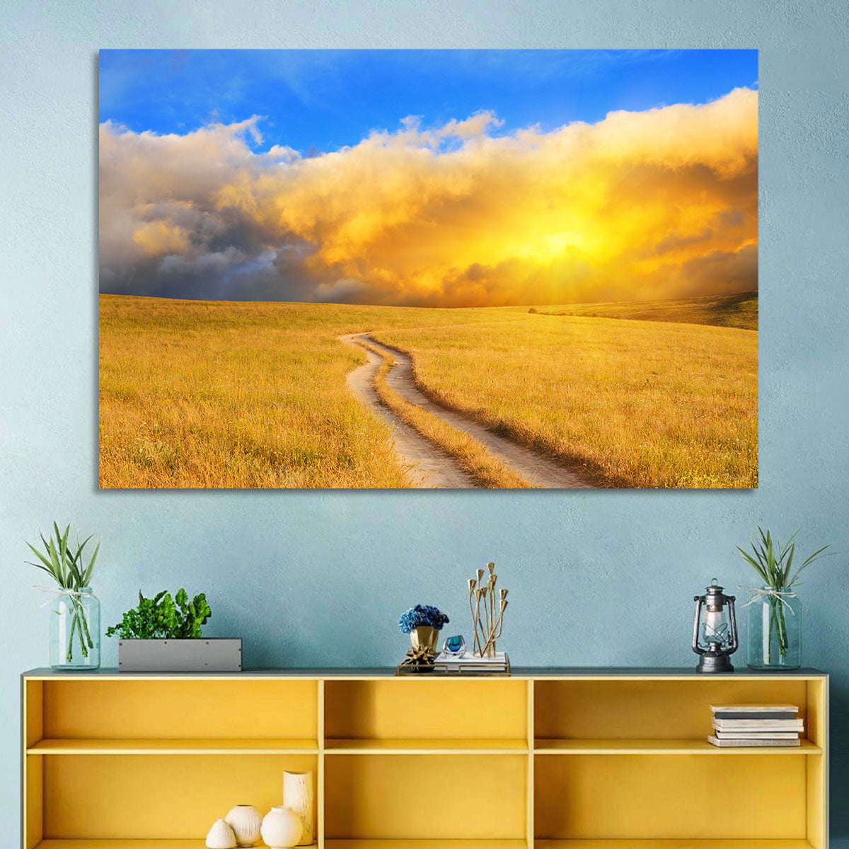 Sunlit Meadow Path with Dramatic Clouds Wall Art in a room, landscape