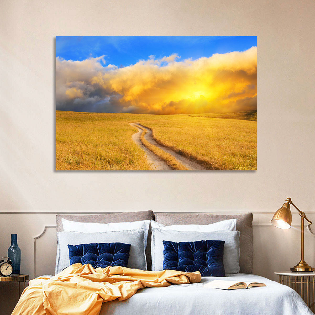 Sunlit Meadow Path with Dramatic Clouds Wall Art