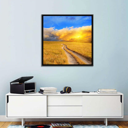 Sunlit Meadow Path with Dramatic Clouds Wall Art