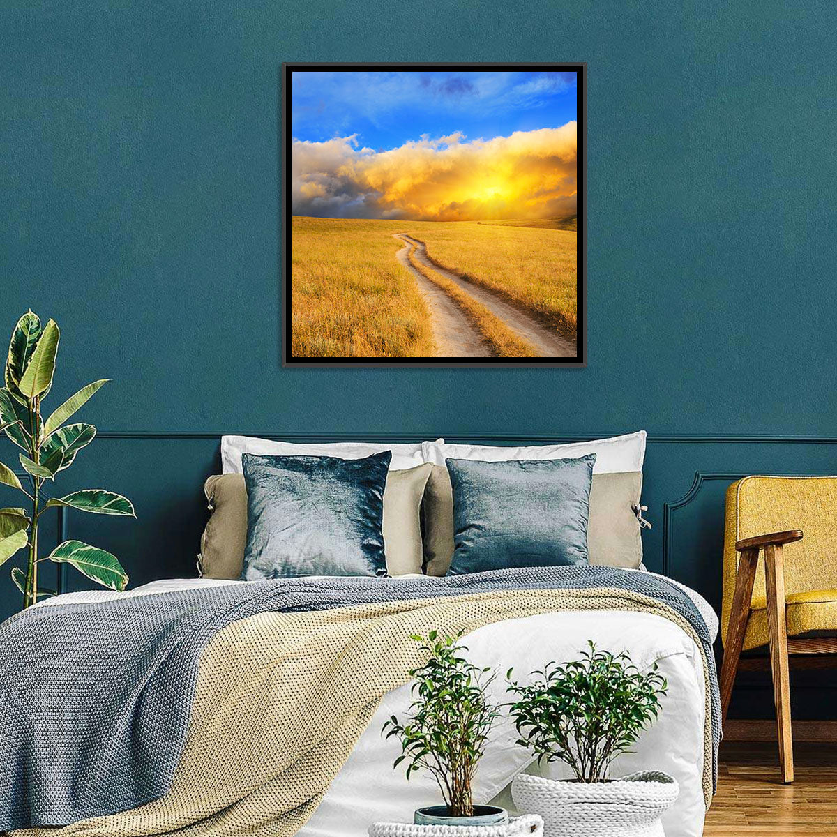 Sunlit Meadow Path with Dramatic Clouds Wall Art in a room, landscape