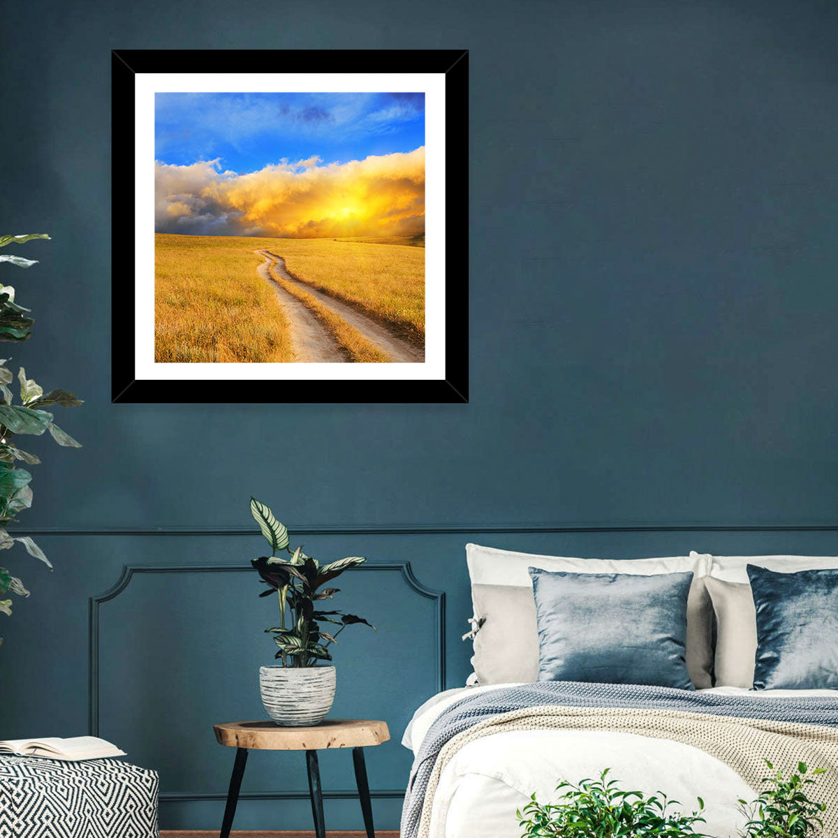 Sunlit Meadow Path with Dramatic Clouds Wall Art in a room, landscape