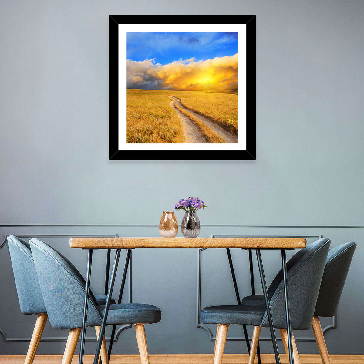 Sunlit Meadow Path with Dramatic Clouds Wall Art in a room, landscape