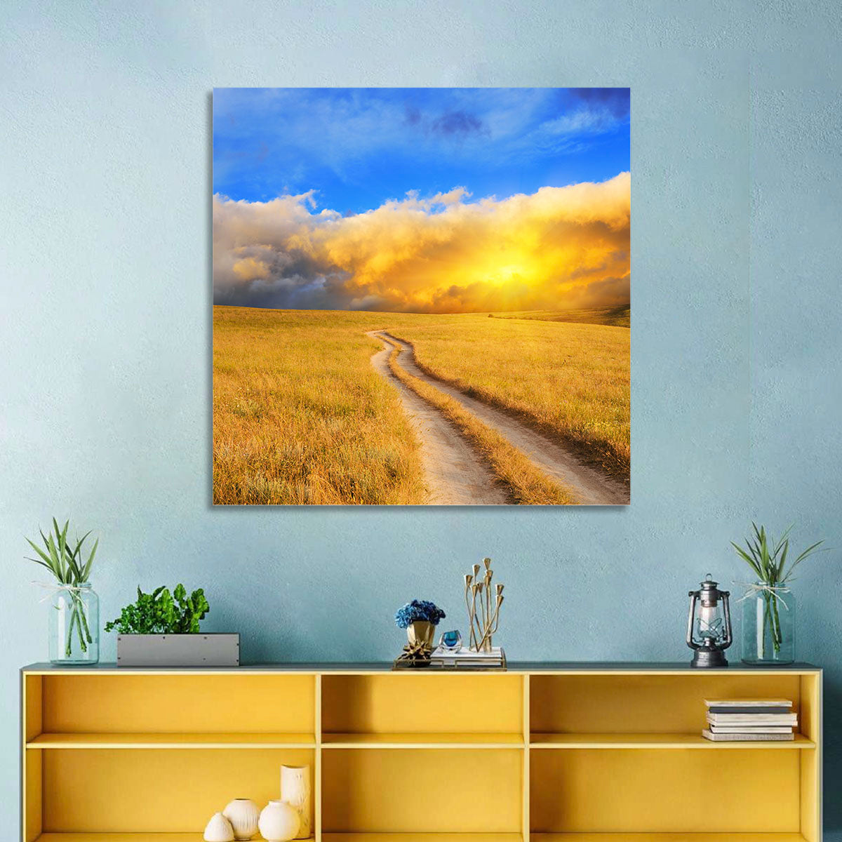 Sunlit Meadow Path with Dramatic Clouds Wall Art