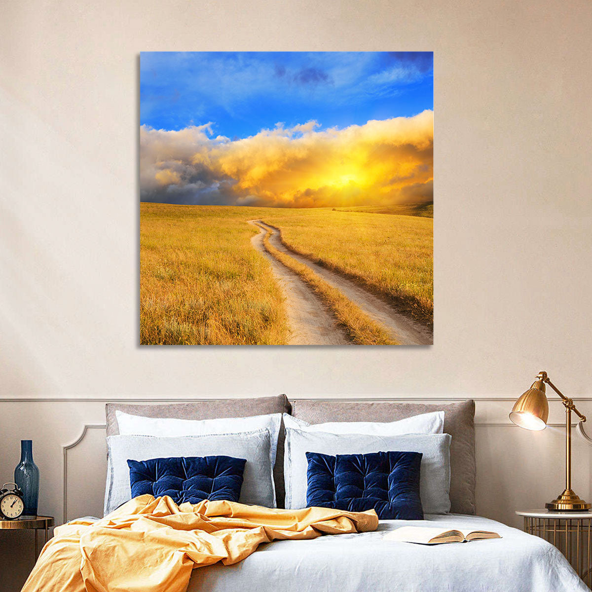 Sunlit Meadow Path with Dramatic Clouds Wall Art in a room, landscape