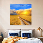 Sunlit Meadow Path with Dramatic Clouds Wall Art