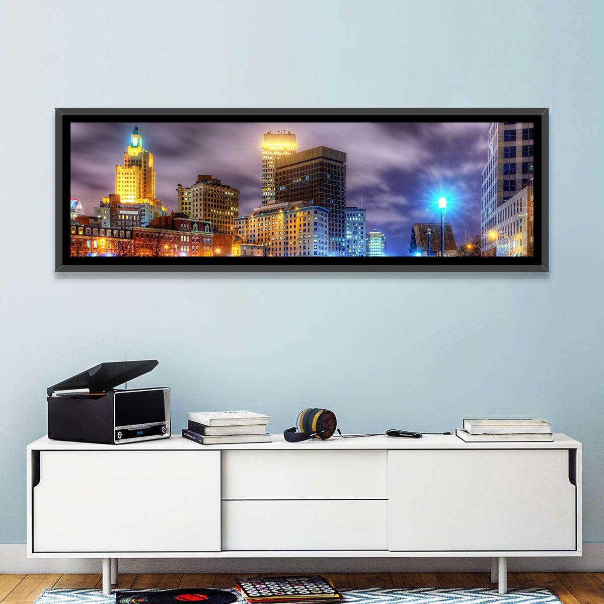 Providence River Night Skyline Wall Art in a room, panoramic