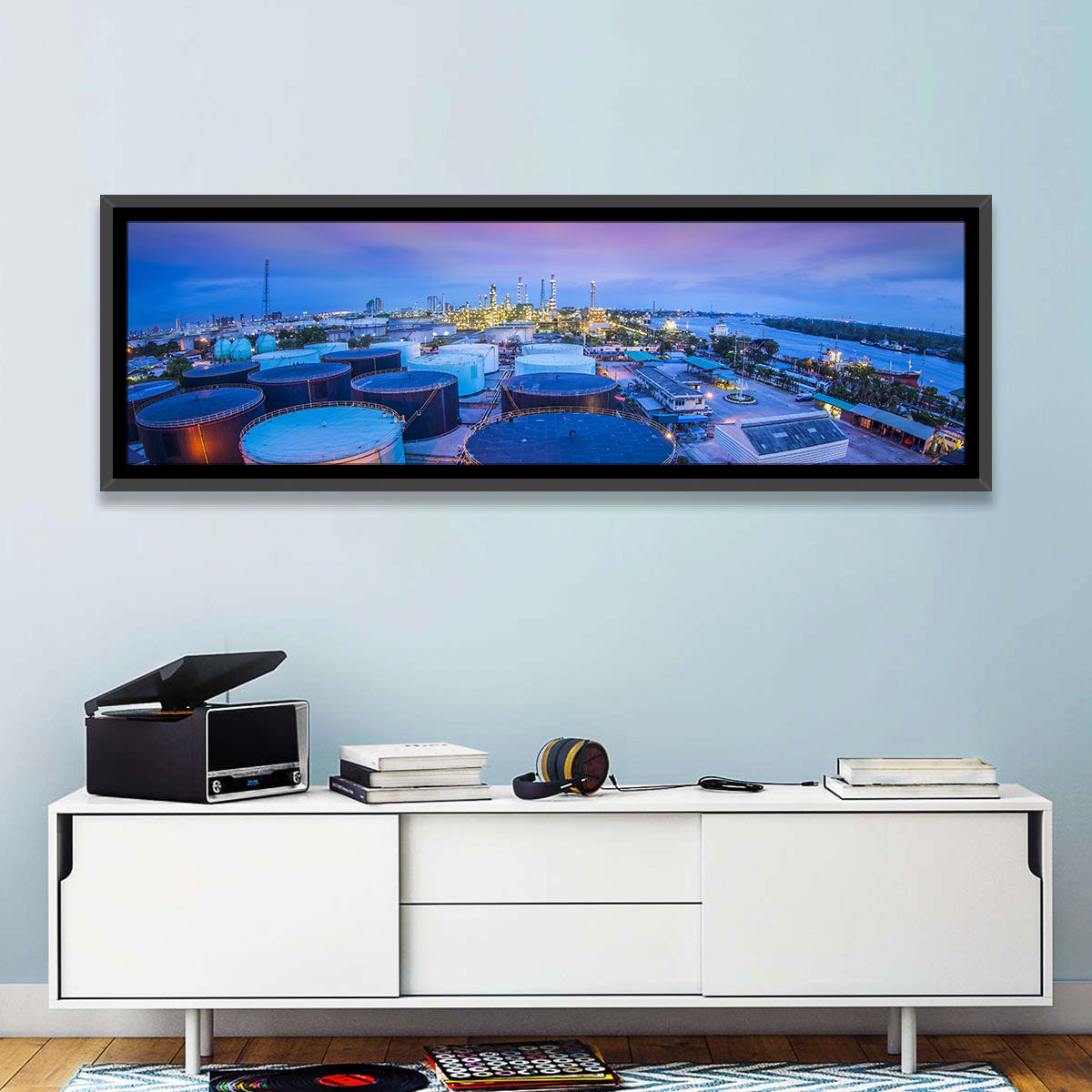 Twilight Oil Refinery River View Wall Art in a room, panoramic