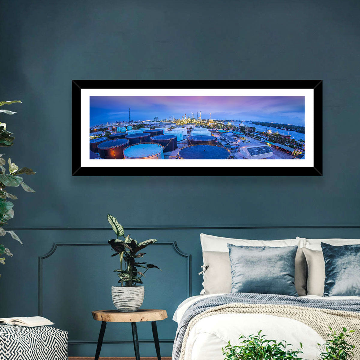Twilight Oil Refinery River View Wall Art in a room, panoramic
