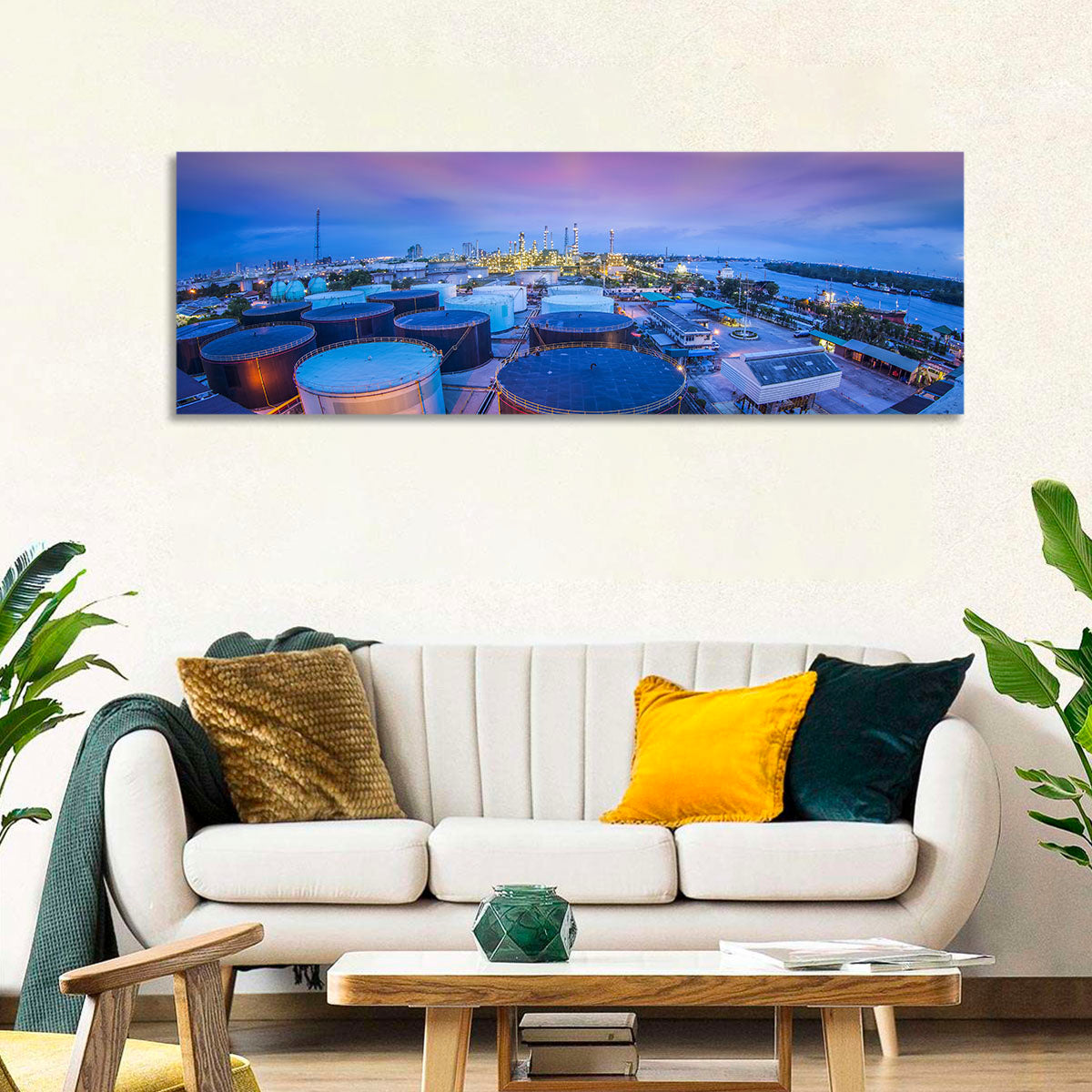 Twilight Oil Refinery River View Wall Art in a room, panoramic