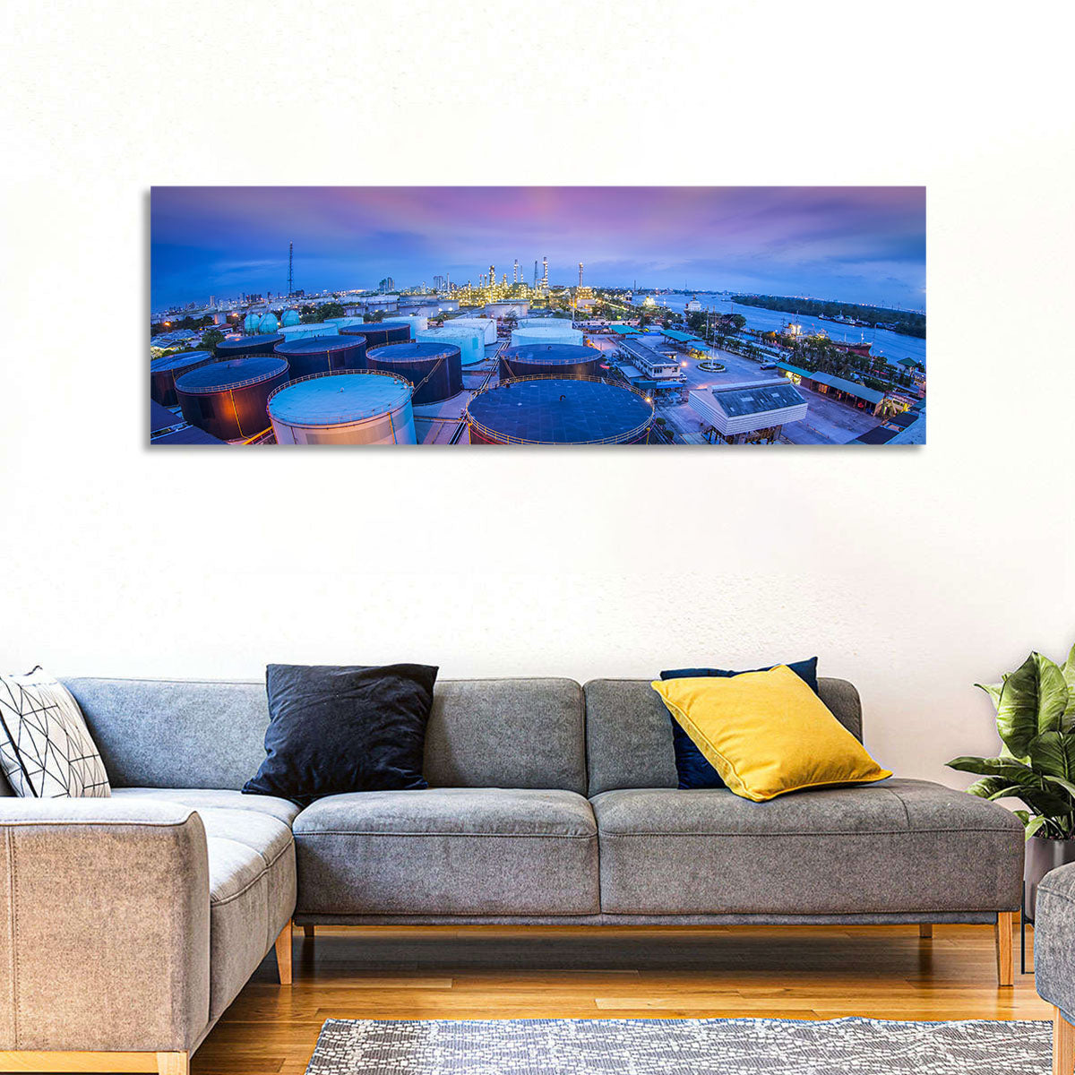 Twilight Oil Refinery River View Wall Art in a room, panoramic
