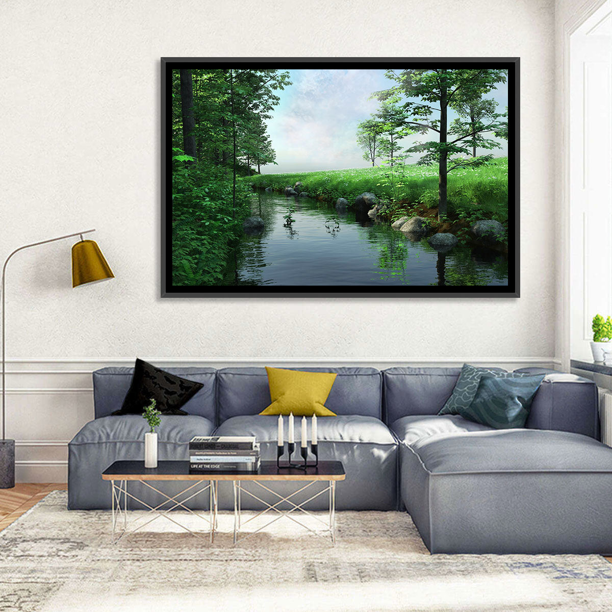 Tranquil Meadow Stream with Wildflowers Wall Art in a room, landscape