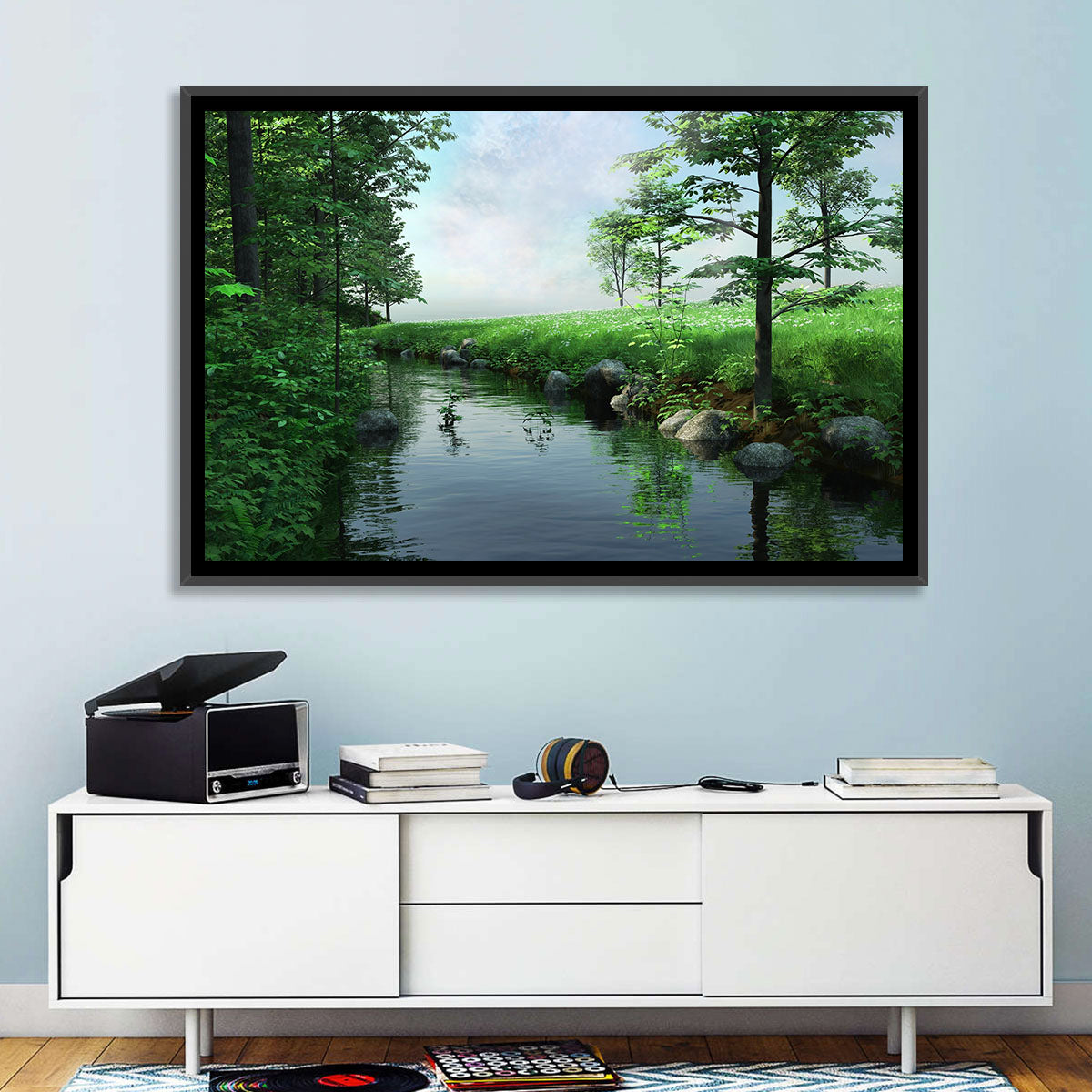 Tranquil Meadow Stream with Wildflowers Wall Art in a room, landscape