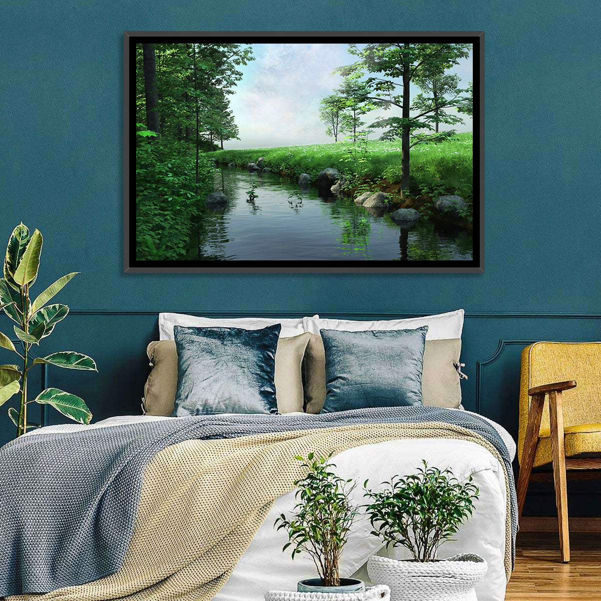 Tranquil Meadow Stream with Wildflowers Wall Art in a room, landscape