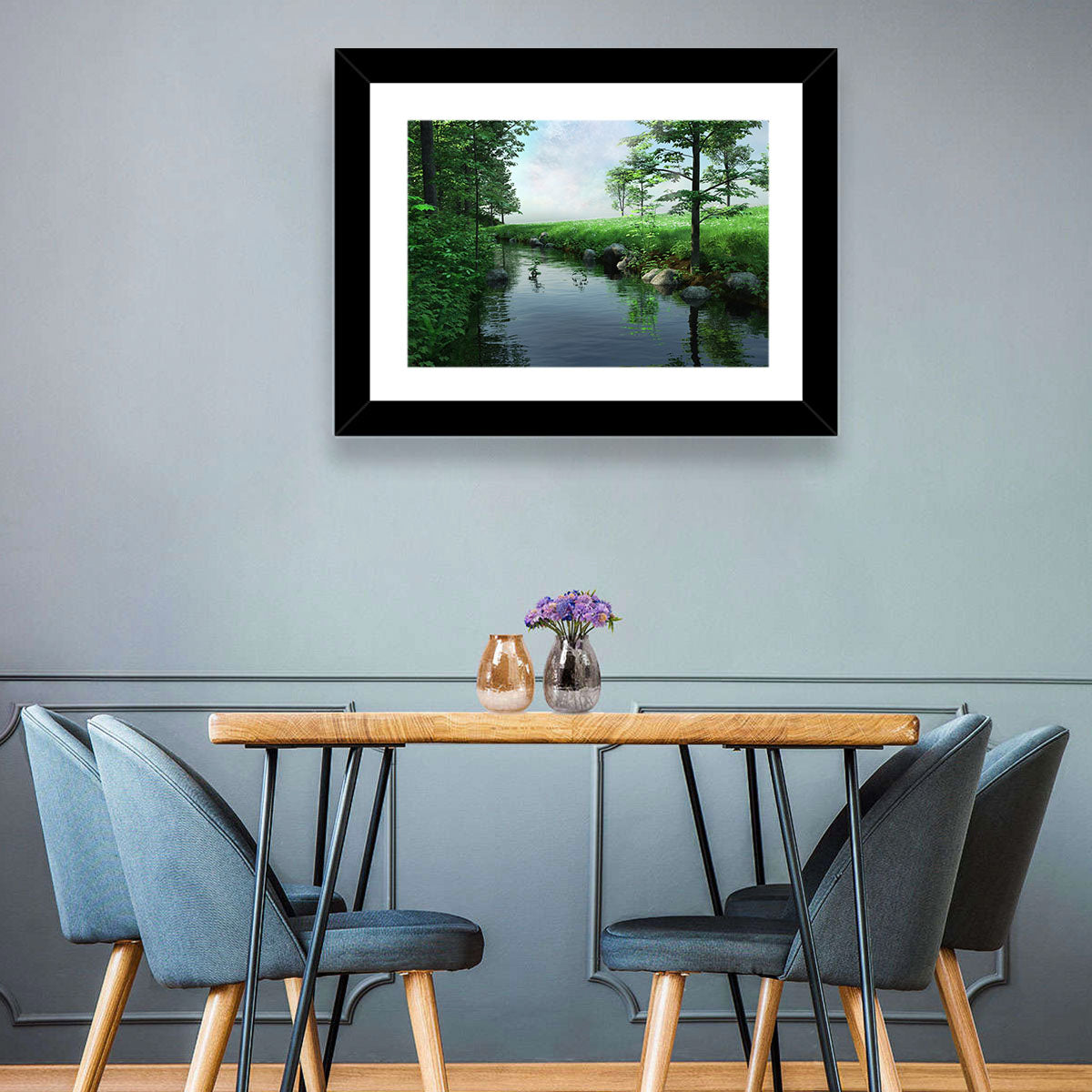 Tranquil Meadow Stream with Wildflowers Wall Art in a room, landscape