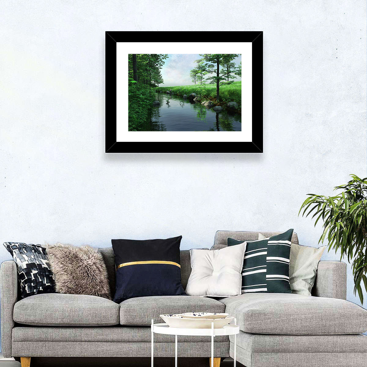 Tranquil Meadow Stream with Wildflowers Wall Art in a room, landscape